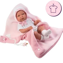 Vêtements pour poupées Llorens 40 cm - Tenue blanche avec chapeau, chaussettes et couverture rose