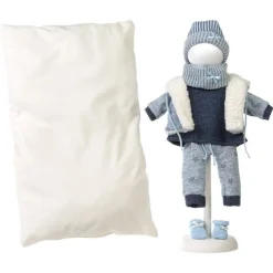 Vêtements pour poupées Llorens 40 cm - Grand coussin blanc, veste avec doublure en peau de mouton, pull, pantalon, écharpe, chapeau et chaussons.