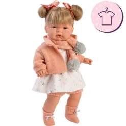 Vêtements pour poupées Llorens 38 cm - Robe imprimée avec veste saumon, écharpe et chaussons