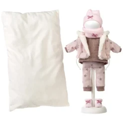 Vêtements pour poupées Llorens 40 cm - Grand coussin blanc, veste rose doublée de polaire, pull, pantalon, écharpe, bonnet et chaussons.