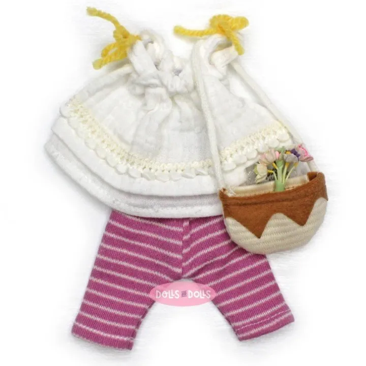 Vêtements pour poupées Nines d'Onil 23 cm - Little Mia - Robe blanche avec pantalon et sac à rayures fuchsia